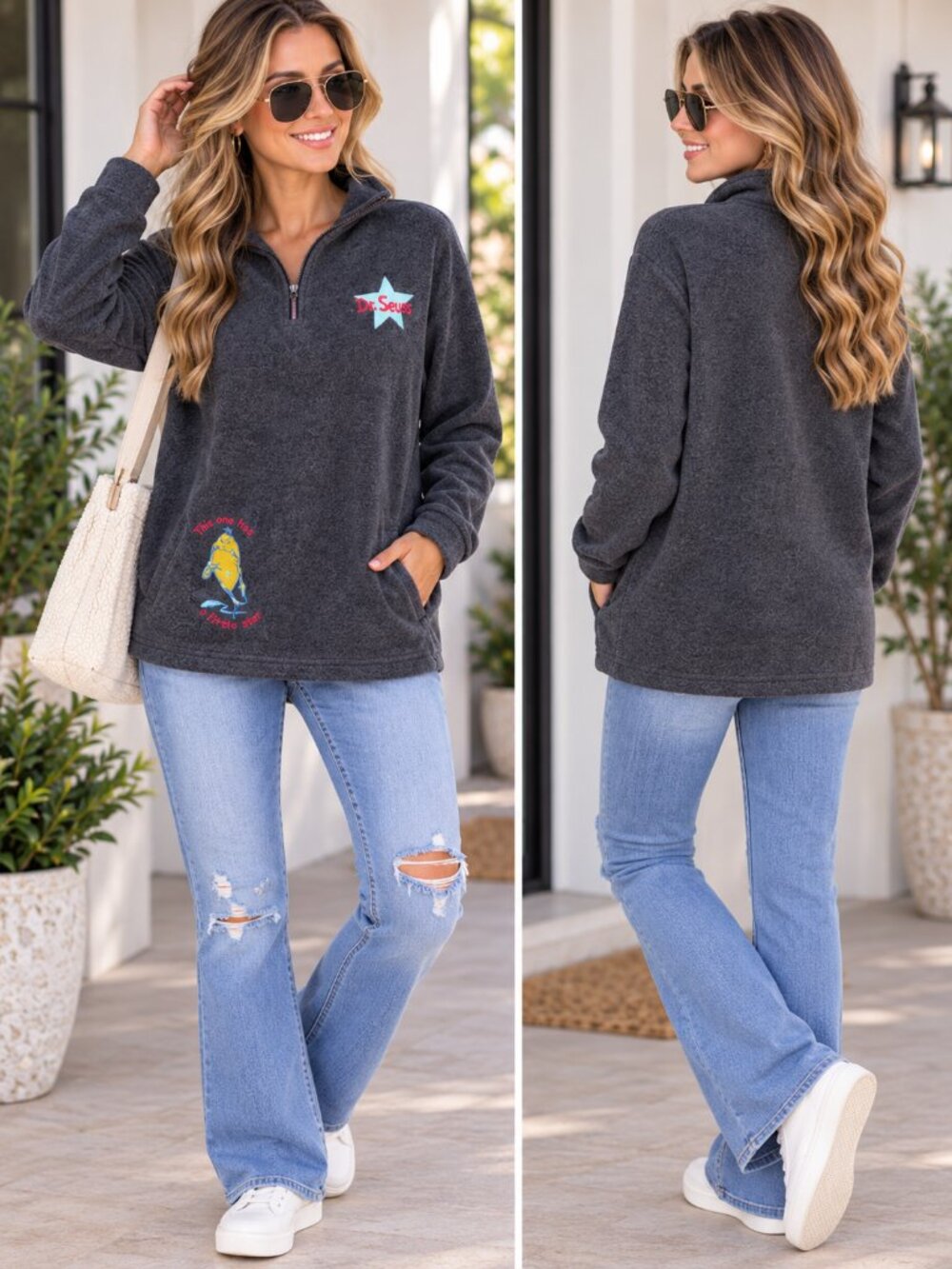 Dr. Seuss Charcoal Gray Fleece Half Zip Pullover XL Embroidered Fish